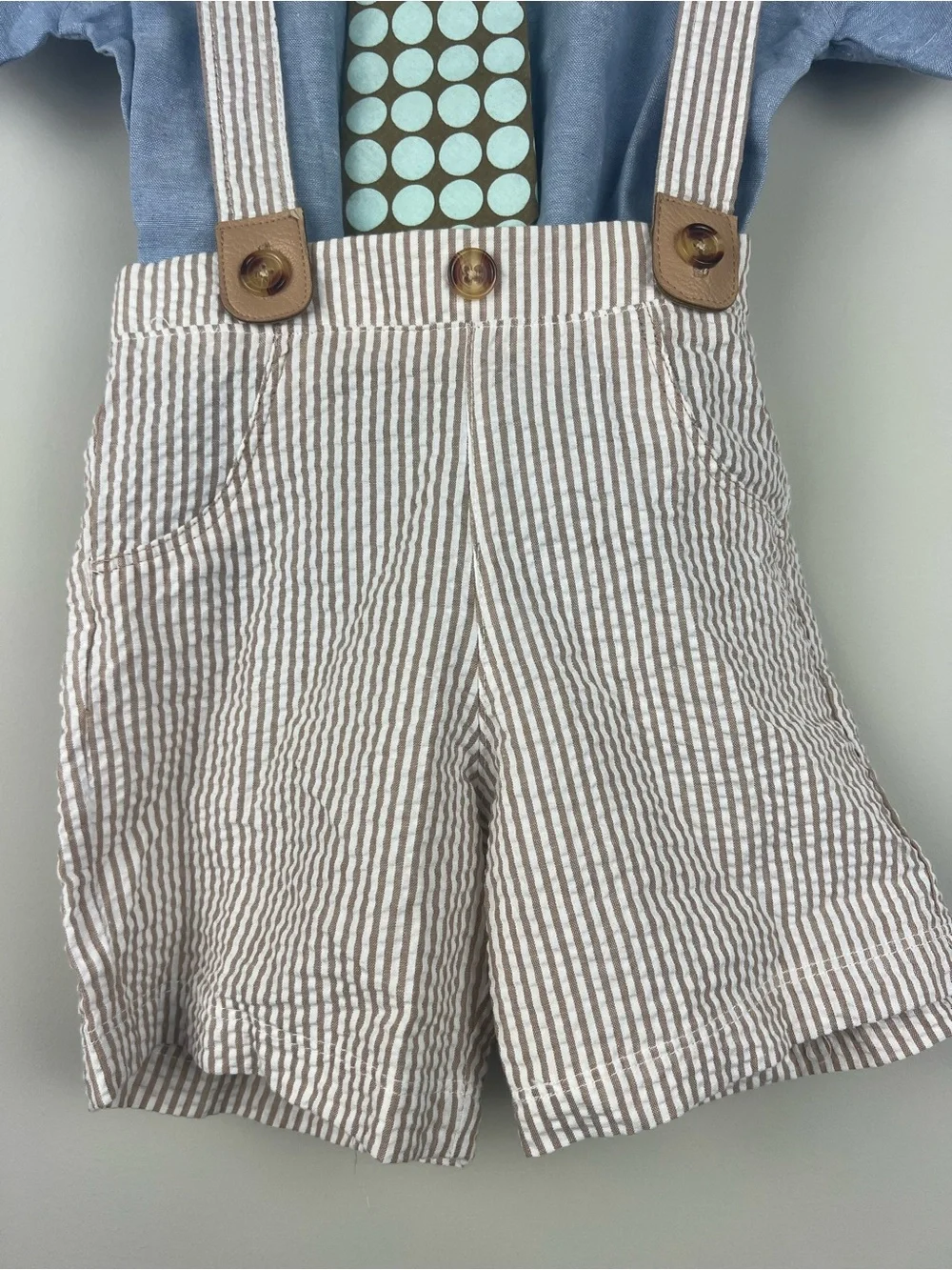 Mudpie Blue Chambray Shirt & Striped Suspender Shorts Set with Aqua Tie